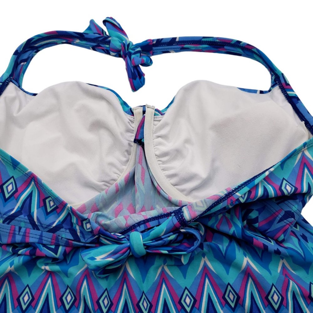 Beach Diva Blue Pink Geometric Tankini Swim Suit Top Size 34DD Built in bra - Picture 4 of 6